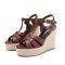 Peep Toe Hemb Rope Platforms Ankle Buckle T Straps Summer Wedges Sandals - Reddish Brown Leather
