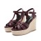 Peep Toe Hemb Rope Platforms Ankle Buckle T Straps Summer Wedges Sandals - Wine Leather