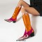 Pointed Toe Chunky Heels Knee High Western Cowboy Boots - Gold