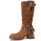 Round Toe Chunky Heels O Ring Buckle Straps Motorcycle Rider Punk Knee High Boots - Caramel