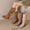 Round Toe Chunky Heels O Ring Buckle Straps Motorcycle Rider Punk Knee High Boots - Caramel