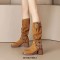 Round Toe Chunky Heels O Ring Buckle Straps Motorcycle Rider Punk Knee High Boots - Caramel