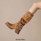 Round Toe Chunky Heels O Ring Buckle Straps Motorcycle Rider Punk Knee High Boots - Caramel
