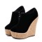 Round Toe Cork Side Zipper Platforms Wedges Pumps - Black Flock