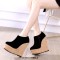 Round Toe Cork Side Zipper Platforms Wedges Pumps - Black Flock