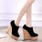 Round Toe Cork Side Zipper Platforms Wedges Pumps - Black Flock