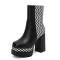 Square Toe Printed Stripe Ankle Highs Korean Style Chunky Heels Low Platforms Boots - Black Faux Leather