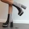 Square Toe Printed Stripe Ankle Highs Korean Style Chunky Heels Low Platforms Boots - Black Faux Leather