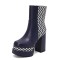 Square Toe Printed Stripe Ankle Highs Korean Style Chunky Heels Low Platforms Boots - Blue Faux Leather