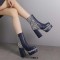 Square Toe Printed Stripe Ankle Highs Korean Style Chunky Heels Low Platforms Boots - Blue Faux Leather