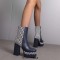 Square Toe Printed Stripe Ankle Highs Korean Style Chunky Heels Low Platforms Boots - Blue Faux Leather