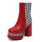 Square Toe Printed Stripe Ankle Highs Korean Style Chunky Heels Low Platforms Boots - Red Faux Leather