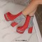 Square Toe Printed Stripe Ankle Highs Korean Style Chunky Heels Low Platforms Boots - Red Faux Leather