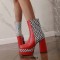 Square Toe Printed Stripe Ankle Highs Korean Style Chunky Heels Low Platforms Boots - Red Faux Leather