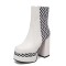 Square Toe Printed Stripe Ankle Highs Korean Style Chunky Heels Low Platforms Boots - White Faux Leather