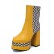 Square Toe Printed Stripe Ankle Highs Korean Style Chunky Heels Low Platforms Boots - Yellow Faux Leather