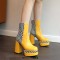 Square Toe Printed Stripe Ankle Highs Korean Style Chunky Heels Low Platforms Boots - Yellow Faux Leather