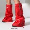Round Toe Turned-over Edge Knee Highs Vegan Leather Platforms Wedges Party Boots - Red