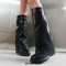 Round Toe Turned-over Edge Knee Highs Vegan Leather Platforms Wedges Boots - Black