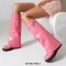 Round Toe Turned-over Edge Knee Highs Vegan Leather Platforms Wedges Boots - Pink