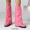 Round Toe Turned-over Edge Knee Highs Vegan Leather Platforms Wedges Boots - Pink