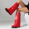 Round Toe Turned-over Edge Knee Highs Vegan Leather Platforms Wedges Boots - Red