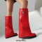 Round Toe Turned-over Edge Knee Highs Vegan Leather Platforms Wedges Boots - Red