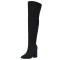 Pointed Toe Chunky Heels Over The Knees Flock Suede Booties - Black