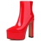 Pointed Toe Platforms Side Zipper Chunky Heels Ankle Highs Boots - Red