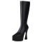 Pointed Toe Thin Chunky Heels Ankle Highs Vegan Leather Platforms Booties - Black