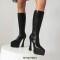 Pointed Toe Thin Chunky Heels Ankle Highs Vegan Leather Platforms Booties - Black