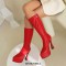 Pointed Toe Thin Chunky Heels Ankle Highs Vegan Leather Platforms Booties - Red