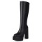 Round Toe Block Chunky Heels Knee Highs Vegan Leather Platforms Booties - Black