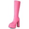 Round Toe Block Chunky Heels Knee Highs Vegan Leather Platforms Booties - Pink