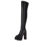 Round Toe Block Chunky Heels Over The Knees Vegan Leather Platforms Booties - Black