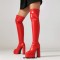 Round Toe Block Chunky Heels Over The Knees Vegan Leather Platforms Booties - Red