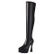 Pointed Toe Thin Chunky Heels Over The Knees Vegan Leather Platforms Booties - Black