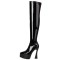 Pointed Toe Thin Chunky Heels Over The Knees Patent Platforms Booties - Black