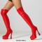 Pointed Toe Thin Chunky Heels Over The Knees Patent Platforms Booties - Red