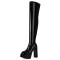 Round Toe Block Chunky Heels Over The Knees Patent Platforms Booties - Black