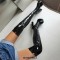 Round Toe Block Chunky Heels Over The Knees Patent Platforms Booties - Black