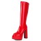 Round Toe Block Chunky Heels Knee Highs Patent Platforms Booties - Red