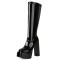 Round Toe Block Chunky Heels Knee Highs Patent Platforms Booties - Black