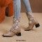 Square Toe Chunky Heels Elastic Fiber Mid Calf Ankle High Boots - Apricot