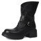 Round Toe Chunky Heels Buckle Straps Zipper Motorcycle Ankle High Boots - Black