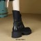 Round Toe Chunky Heels Buckle Straps Zipper Motorcycle Ankle High Boots - Black