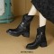 Round Toe Chunky Heels Buckle Straps Zipper Motorcycle Ankle High Boots - Black