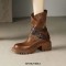Round Toe Chunky Heels Buckle Straps Zipper Motorcycle Ankle High Boots - Brown