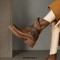 Round Toe Chunky Heels Buckle Straps Zipper Motorcycle Ankle High Boots - Brown