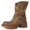 Round Toe Chunky Heels Buckle Straps Zipper Motorcycle Ankle High Boots - Khaki